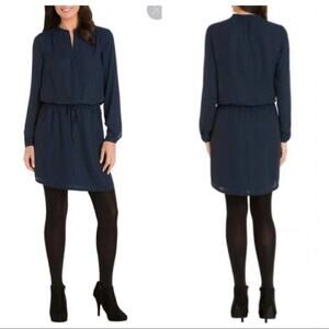 Hilary Radley | navy feather herringbone long sleeves waist tie tunic dress
